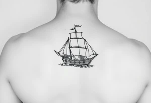 bland and white detailed linework drawing of Spaniard ship sailing for forearm tattoo idea