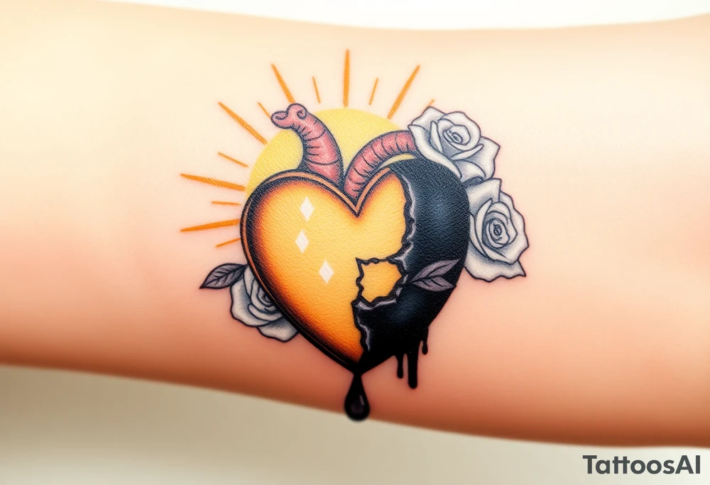 A sacred, glowing heart encased in rays of golden light, adorned with delicate white roses, representing purity, opposed to a blackened, broken heart with cracked, darkened edges, leaking a dark liquid like ink, symbolizing pain and corruption. tattoo idea