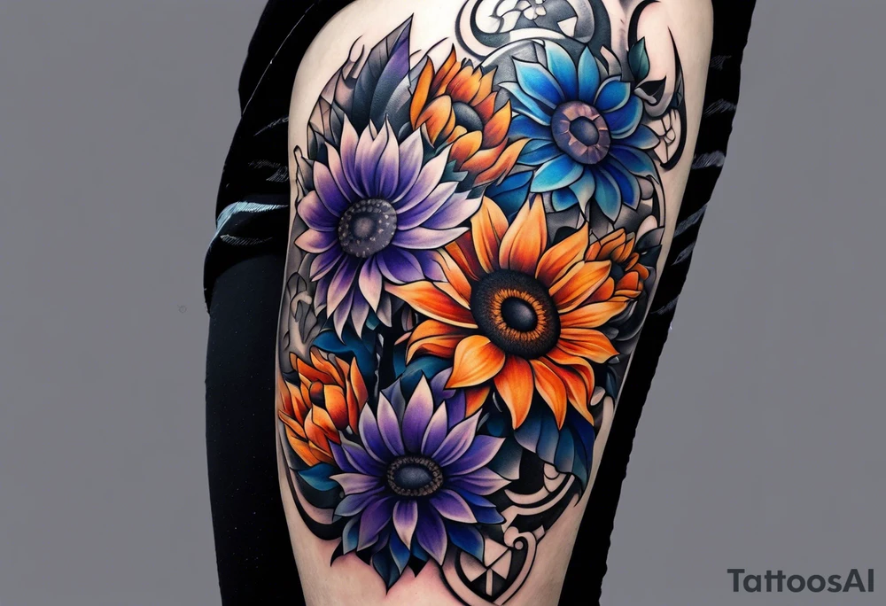 Full leg sleeve with purple, orange and blue sunflowers tattoo idea