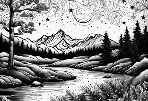 nature tattoo with river mountains a few trees with the stars and constellations of the night I met her with the words " I knew the moment I saw her" tattoo idea