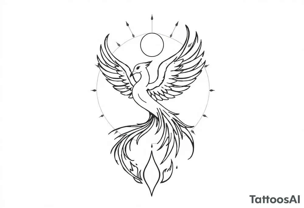 magical phoenix rising from golden flames with trailing embers surrounded by geometric sun and moon tattoo idea