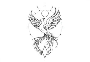 magical phoenix rising from golden flames with trailing embers surrounded by geometric sun and moon tattoo idea