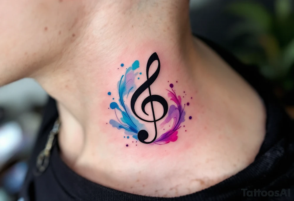 Treble Clef and Watercolor Swirl – A tiny bold treble clef in black, surrounded by a swirl of soft blue, purple, and pink watercolor, representing the fluidity and emotion of music. tattoo idea