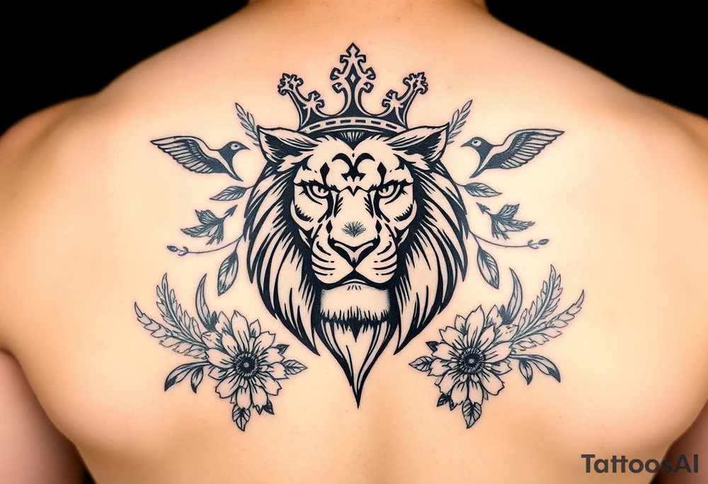 powerful majestic lion with a crown, surrounded by floral ornaments and birds tattoo idea