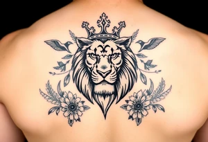 powerful majestic lion with a crown, surrounded by floral ornaments and birds tattoo idea