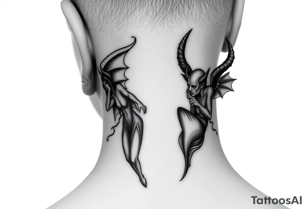 position behind the neck Angel (on the right) whispering in the right ear, demon (on the left) whispering in the left ear tattoo idea