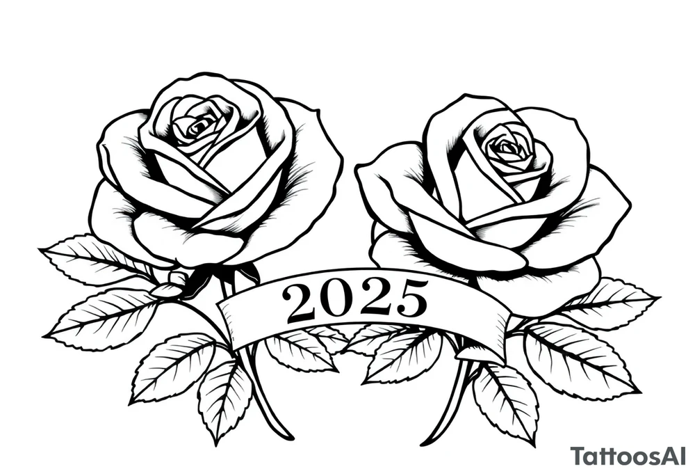 two beautiful large rose buds, one larger than the other, with many leaves next to the rose buds, with one sitting slightly higher than the other, side-by-side.  Include a banner connecting the two roses with the year 2025 on it.   Use dark outlines with little shading. No stems tattoo idea
