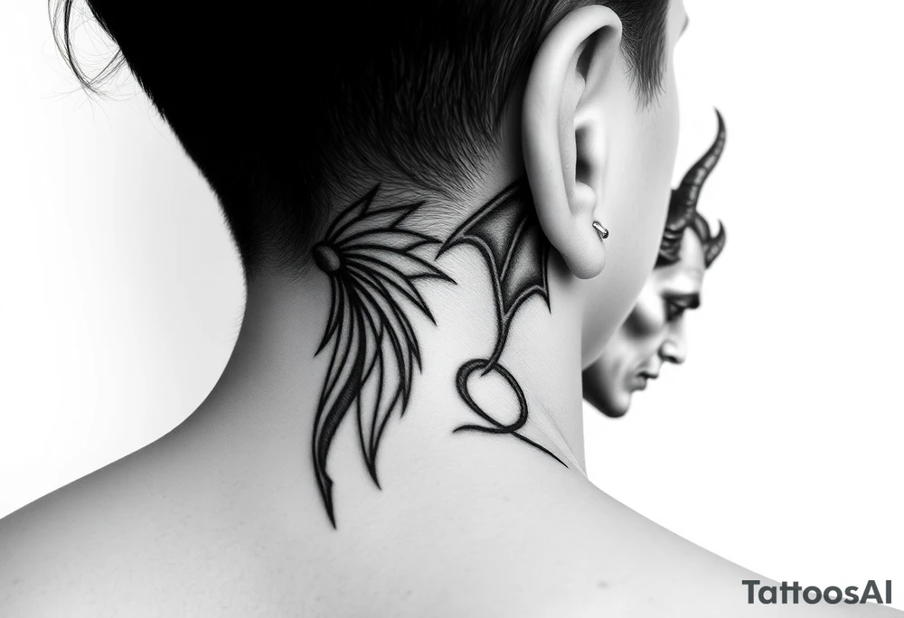 position behind the neck Angel (on the right) whispering in the right ear, demon (on the left) whispering in the left ear. It must be as realistic as possible. tattoo idea