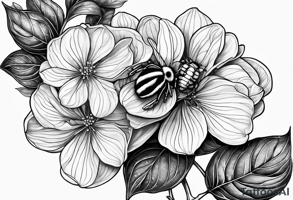 3 in by 2 in minimalist no color tattoo for forearm of a Hydrangea, bee, and M tattoo idea