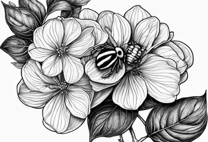 3 in by 2 in minimalist no color tattoo for forearm of a Hydrangea, bee, and M tattoo idea