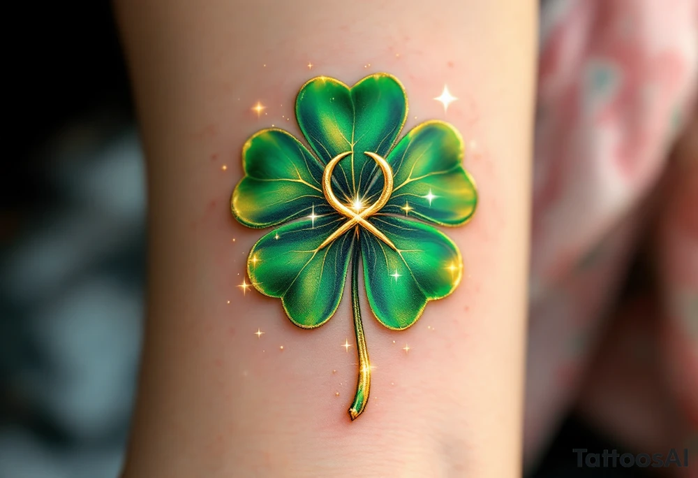 A golden rune is elegantly intertwined with a vibrant green four-leaf clover, symbolizing both luck and love. The clover's leaves have delicate golden veins, and a soft emerald aura surrounds the entire design. Tiny sparkles of light add a mystical touch, representing fate and serendipitous love. The rune sits at the heart of the clover, blending destiny and devotion into a single powerful symbol. tattoo idea