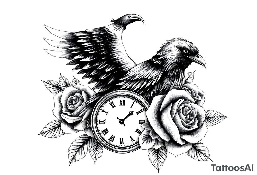 raven,roses,clock. tattoo idea