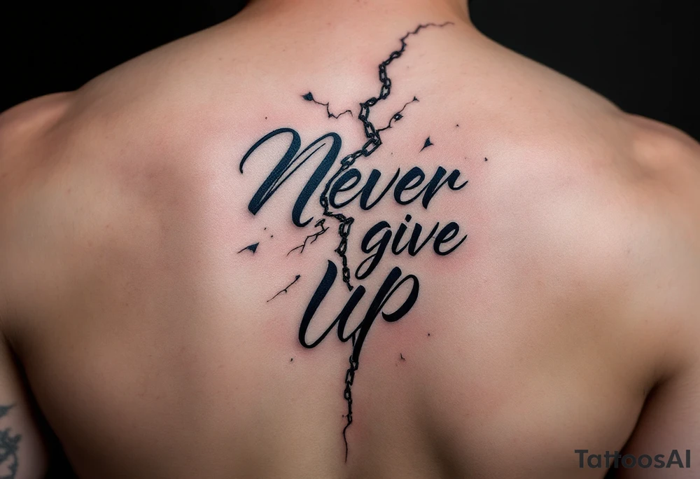 A cracked chain breaking across the phrase "never give up", done in dark gray and iron blue. tattoo idea