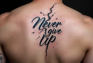 A cracked chain breaking across the phrase "never give up", done in dark gray and iron blue. tattoo idea
