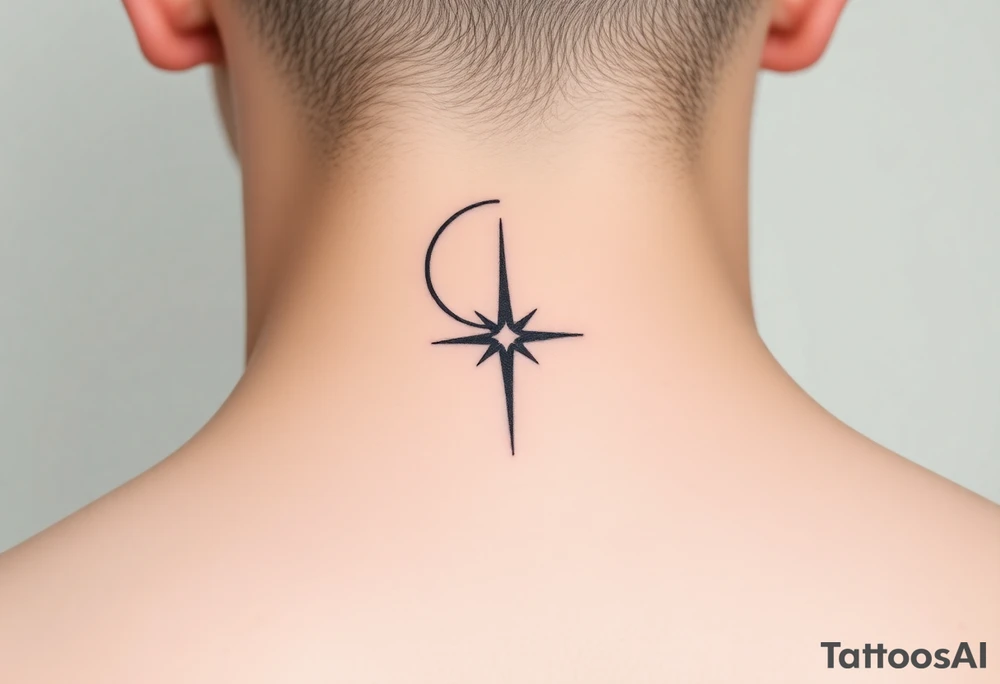 A minimalist crescent moon neck tattoo positioned just behind the ear. The crescent moon is thin and curves to the left. A sharp vertical line extends downward from the inner curve of the moon, intersecting with a symmetrical starburst shape at the center of the line. The starburst has four points — the top and bottom points are elongated, while the horizontal points are shorter, giving it a sleek and modern look. The design features clean, thin lines with a slightly hand-drawn feel, combining celestial and geometric elements. The tattoo follows the natural curve of the neck, giving it an elegant and balanced appearance. tattoo idea