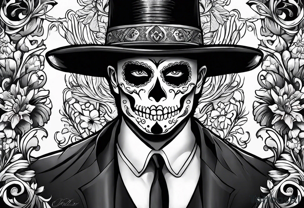 day of dead,man,standing,horizontal,cover up tattoo idea