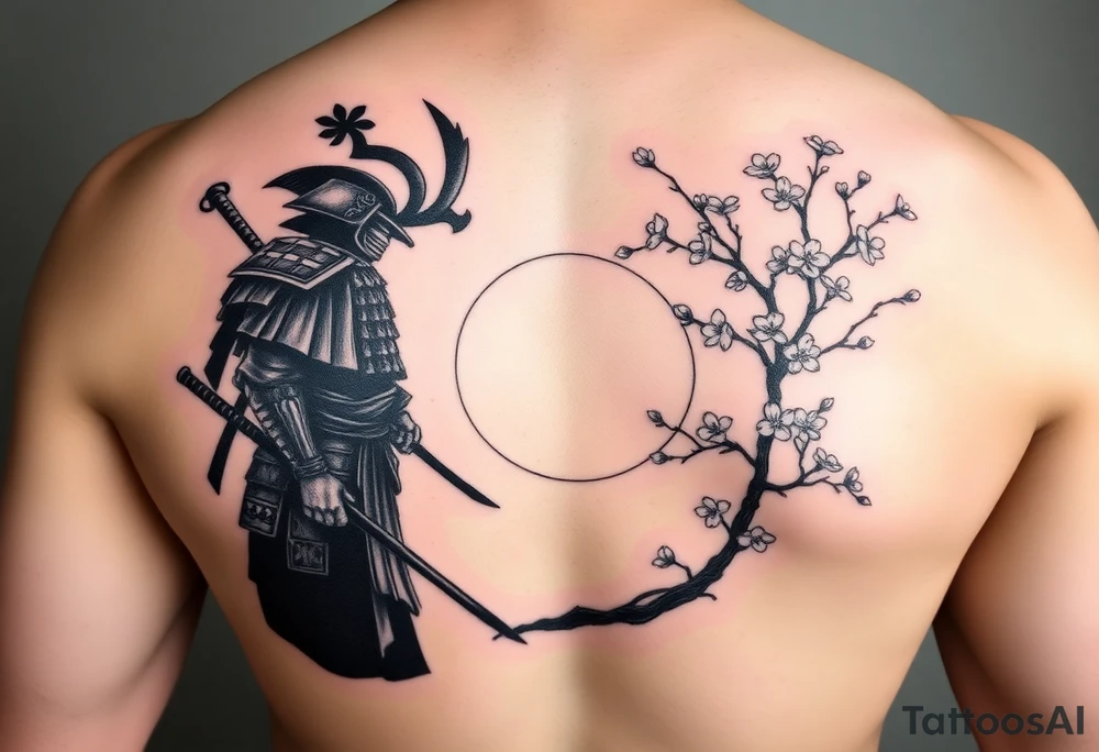 noble samurai warrior silhouette at sunset with cherry blossoms tattoo idea