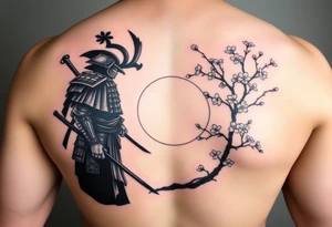 noble samurai warrior silhouette at sunset with cherry blossoms tattoo idea