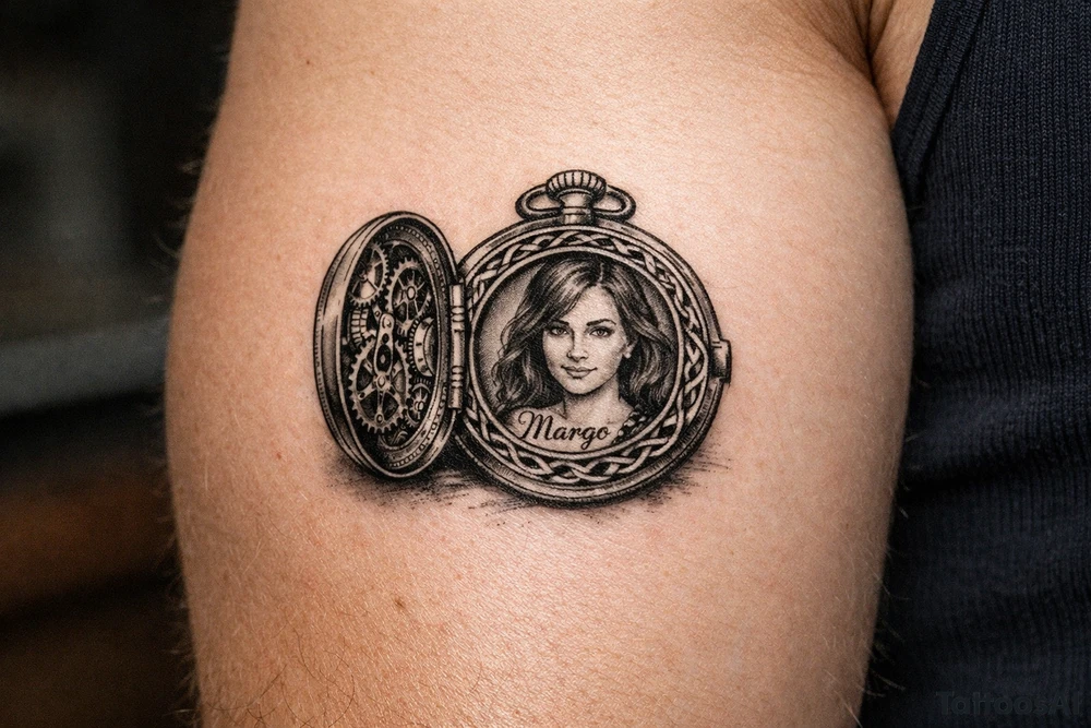 Pocket watch opened, Margo's portrait inside, brass cogs, flowing Celtic knotwork border. tattoo idea