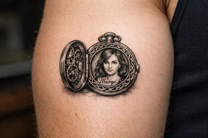 Pocket watch opened, Margo's portrait inside, brass cogs, flowing Celtic knotwork border. tattoo idea