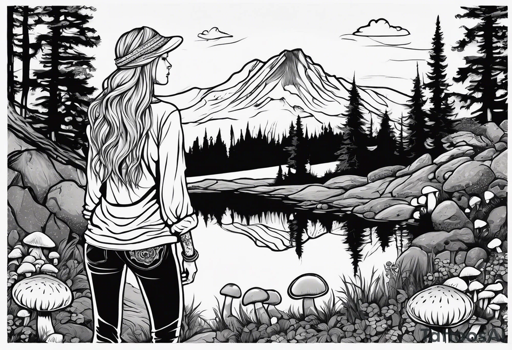 Whole picture encircled fully

Straight long blonde hair hippie girl in distance holding mushrooms in hand facing away toward mountains and creek surrounded by mushrooms long sleeve shirt and hiking pants; whole rendering within a full circle, no cut off circle tattoo idea