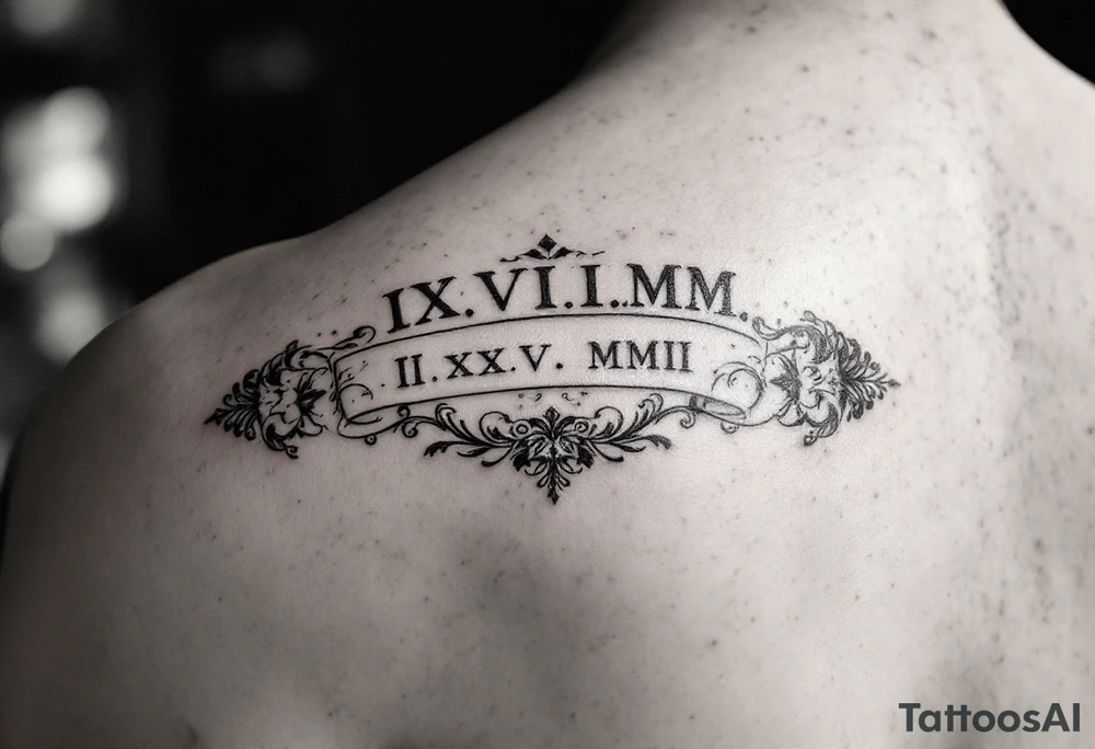 IX.VII.MM. and II.XXV.MMII with a space between them in a balanced and symmetrical layout, along with the number 224 tattoo idea