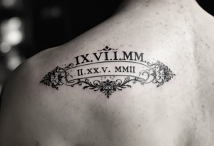 IX.VII.MM. and II.XXV.MMII with a space between them in a balanced and symmetrical layout, along with the number 224 tattoo idea