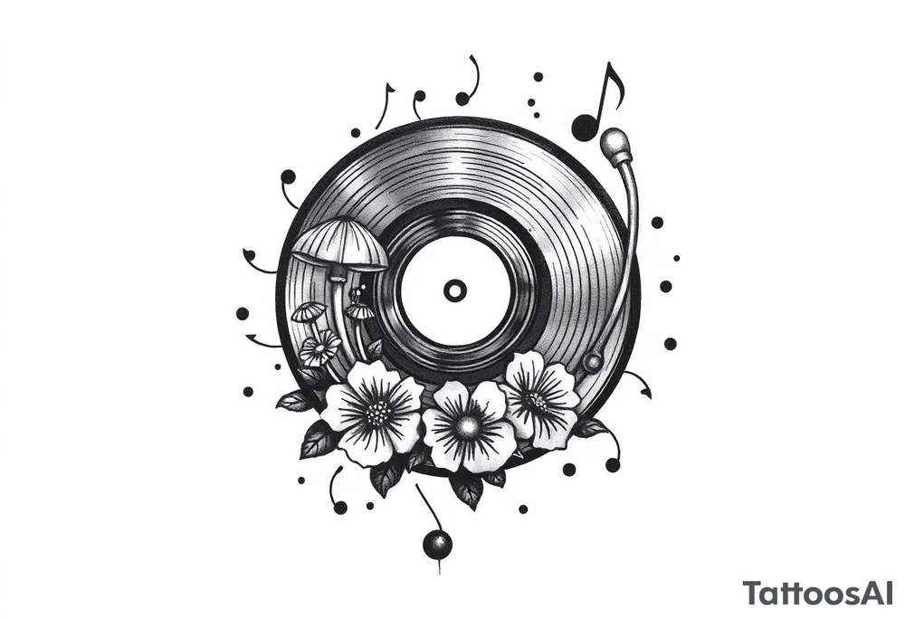 vinyl record player with mushrooms, flowers, and music notes around it tattoo idea