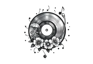 vinyl record player with mushrooms, flowers, and music notes around it tattoo idea