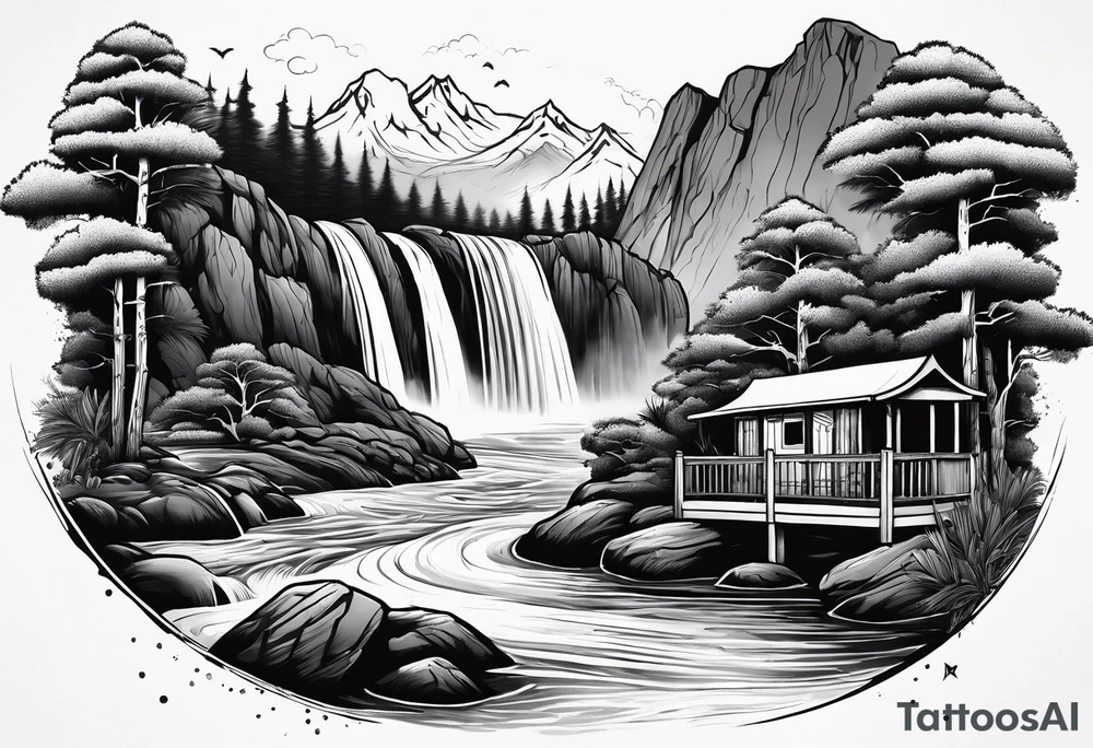 waterfall going into a river with a camp site in Australia tattoo idea