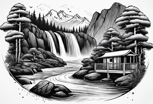 waterfall going into a river with a camp site in Australia tattoo idea