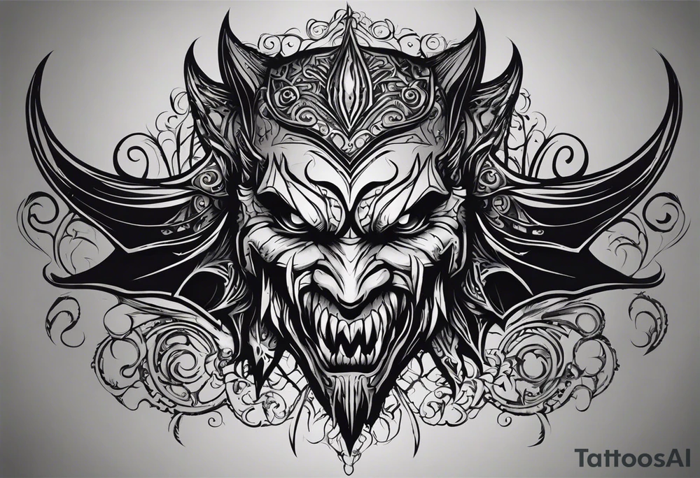 Create a dark tattoo design. The tattoo appears to be a detailed, realistic illustration of a sinister, demonic face. The face has intense features, including large, menacing eyes, a sharp, pointed nose, and a mouth filled with sharp, jagged teeth. He sticks out his long tongue. The design incorporates deep shadows and highlights, giving it a three-dimensional, almost lifelike appearance. Overall, the tattoo creates a haunting and powerful visual effect. tattoo idea