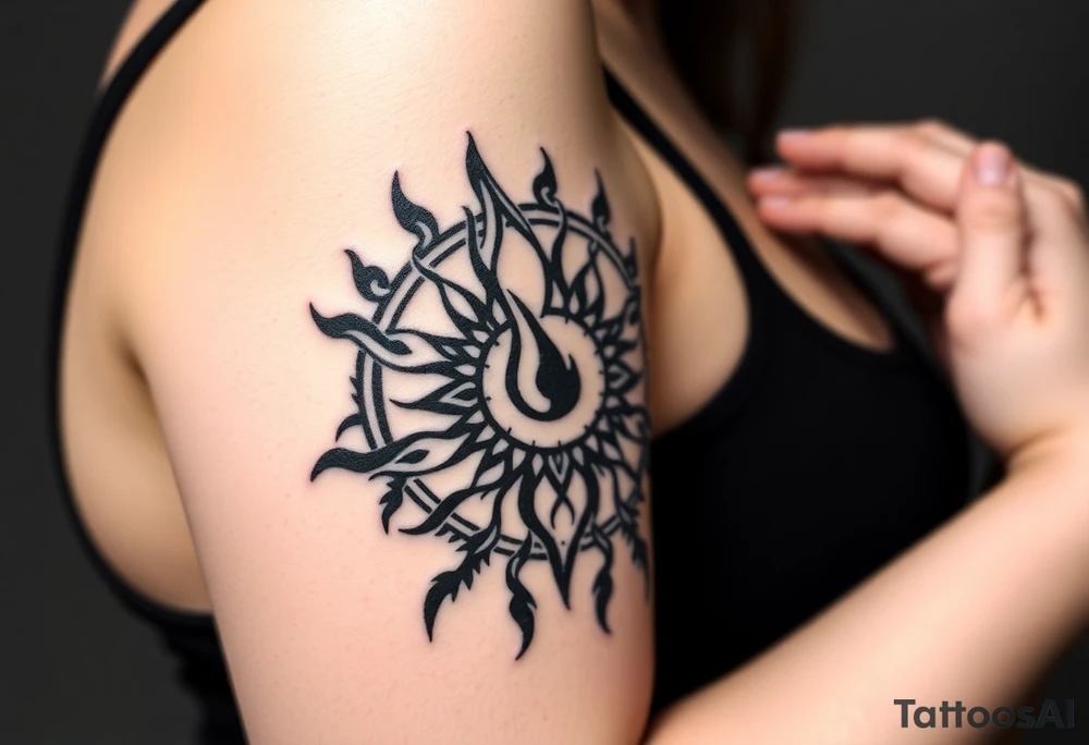 flame in a blooming roots circle tattoo idea
