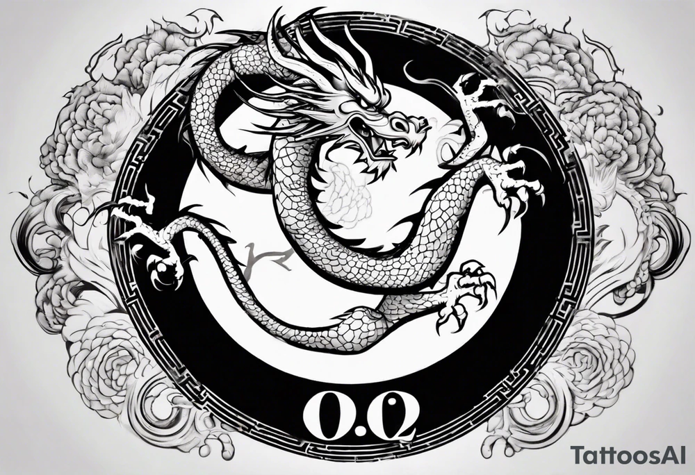 Chinese dragon in a circular shape with "02.03" written on its skin tattoo idea