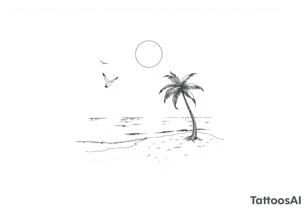 happy, peaceful, serene, timeless, ocean, sand, palm tree, seagulls, sun tattoo idea