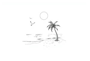 happy, peaceful, serene, timeless, ocean, sand, palm tree, seagulls, sun tattoo idea
