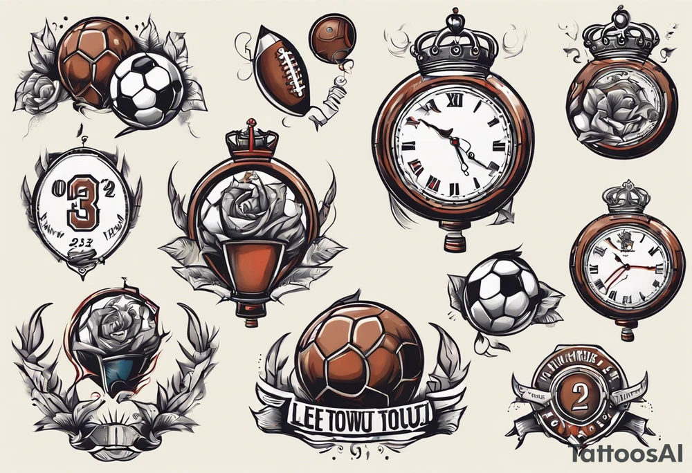 Ballon de football avec le numéro23 ,  une horloge avec une couronne,  le tout avec au fond un taureau tattoo idea