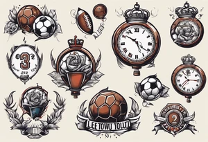 Ballon de football avec le numéro23 ,  une horloge avec une couronne,  le tout avec au fond un taureau tattoo idea