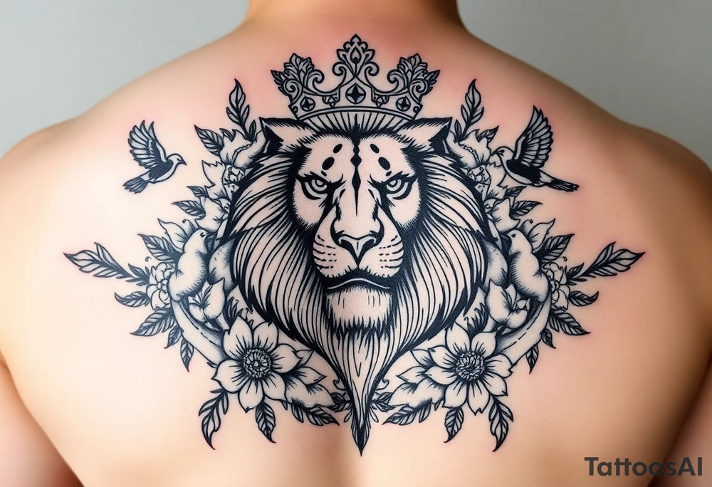 powerful majestic lion with a crown, surrounded by floral ornaments and birds tattoo idea