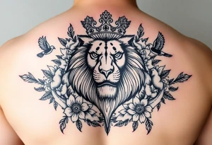 powerful majestic lion with a crown, surrounded by floral ornaments and birds tattoo idea