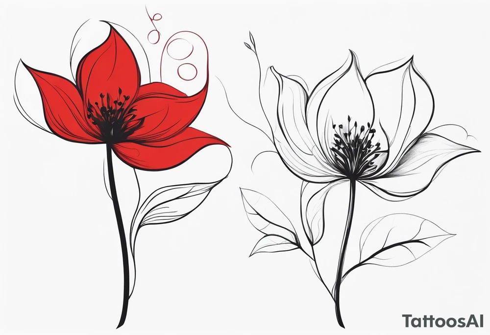 Two flowers coming together vertically, one red and one black and their stems are like smoke tattoo idea