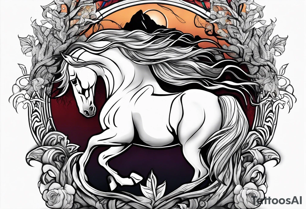 Realistic Horse and Yggdrasil tattoo idea