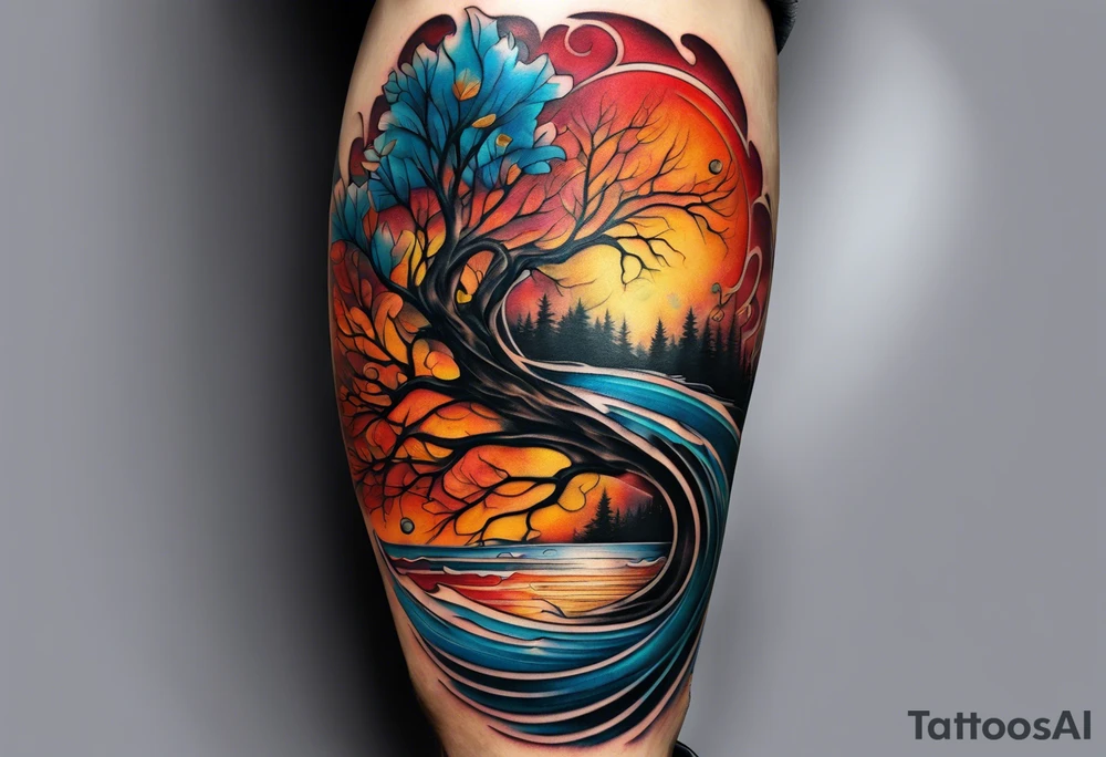 knee tattoo in fall colors with bluw water flow tattoo idea