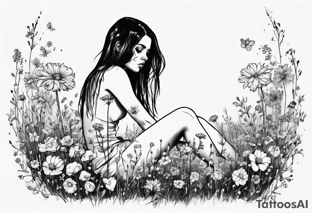 Depressed girl in flowers meadow tattoo idea