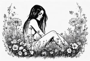 Depressed girl in flowers meadow tattoo idea