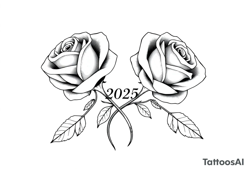 two beautiful roses with their stems intertwined, separated by "2025" written between them tattoo idea
