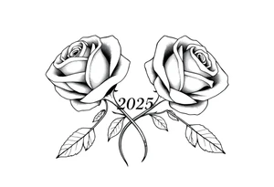 two beautiful roses with their stems intertwined, separated by "2025" written between them tattoo idea