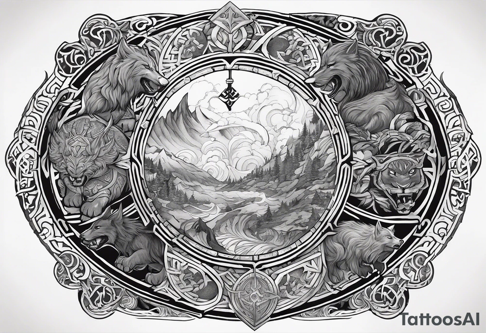 Full sleeve and pectoral tattoo showing the epic battle of ragnarok. It should include a scene between Thor, the god of thunder versus Jörmungandr the serpent as well as Odin all father and Fenrir the wolf. Place a Viking compass in the middle of the pectoral tattoo idea
