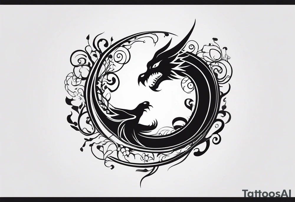 For a Gen Z-inspired dragon and phoenix tattoo, think of a clean, minimalist design that combines symbolism with bold, sleek lines. Imagine a dragon and phoenix spiraling together in a yin-yang-inspired layout. The dragon has a slightly abstract, modern shape, with sharp, flowing lines to show power, resilience, and wisdom, while the phoenix is rendered with sweeping curves and minimal detailing, symbolizing rebirth, growth, and transformation.

Both creatures should interact in a harmonious way, representing balance and duality. To keep it meaningful, focus on line work rather than intricate shading—clear, open spaces allow the tattoo to feel light and energetic. Adding small symbols, like stars or a faint galaxy backdrop, can enhance the "rising from ashes" and "strength through challenge" themes. This design will have a timeless appeal while resonating with Gen Z’s love for symbolism and simplicity. tattoo idea