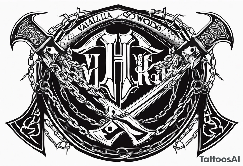 Valhalla sword round shield axe barbed wire chains tattoo idea